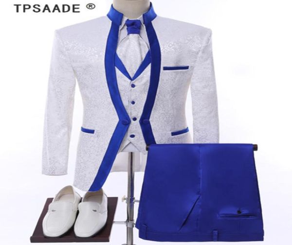 Roupa de aro azul real branca roupas de palco para homens terno conjunto de casamentos de casamento masculino noivo do noivo Tuxedo JacketpantsVesttie3812826