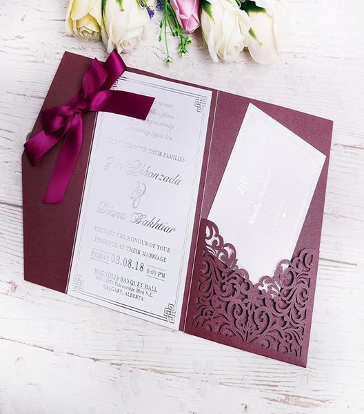 2020 NOVOS 3 Folds Wedding Borgonha Invitations Cartões com fitas de Borgonha para o noivado de noiva de noiva de casamento Graduação de aniversário5753641