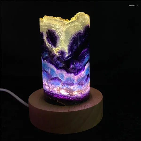 Estatuetas decorativas naturais arco -íris fluorite lâmpada leve reiki cura decoração de casa coleta de amostras minerais