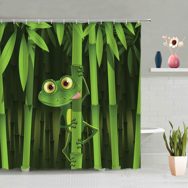 Zen Bambus Duschvorhänge grüne Blätter Lustige Frosch Chinesische Bath Vorhang moderne Polyester Stoff Badezimmerdekor mit Haken