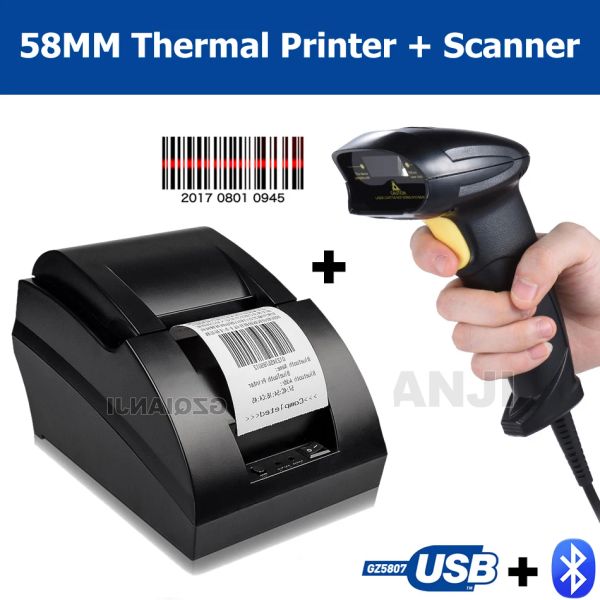 Принтеры 58 -мм тепловой USB Bluetooth 2 -дюймовый квитанция счета Принтер Сканер штрих -кодовой сканер лазер 1D -код считывает POS System для инвентаризации супермаркета