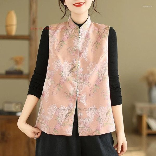 Roupas étnicas 2024 Jaqueta sem mangas de colega chinesa estampa nacional de flores cetim Jacquard Stand Collar Oriental Tang Suit de colistão