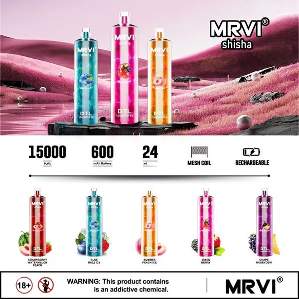 Mrvi shisha 15000 bufks vape puff shisha shisha 15k 600mAh Tipo-C carregando com DTL Vaping Style 10 Sabores e Cigarros Free Ship