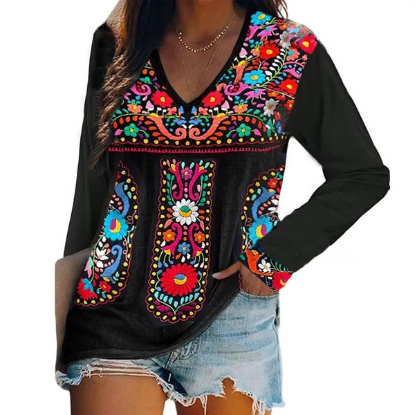 Etnic Stynic Mexican Floral Tshirts boho 3D Mulheres de manga longa Vneck camise