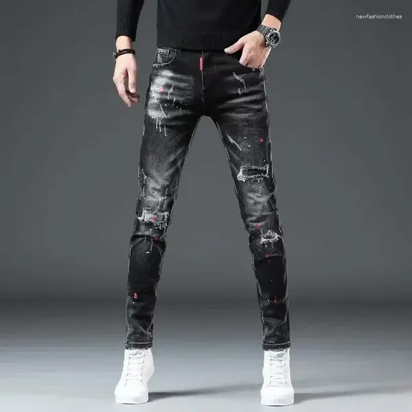 Calças de jeans masculinas rasgadas remendo calças de cowboy slim ajuste com buracos tubos apertados magro quebrado 2024 coreano outono gótico xs