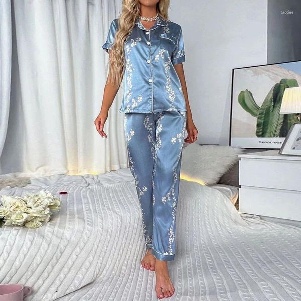 Frauen Nachtwäsche Frauen Satin Seidenpyjamas Sets Floral Print Kurzärmel -Tops mit Hosen zweiteiligen Set Pijamas für Frauenanzug