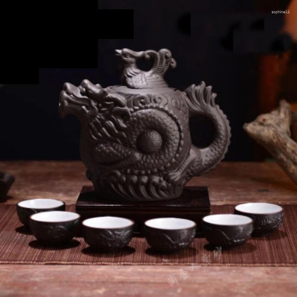 Чайный набор чайных набор китайского керамического чайника 210 мл 1 Dragon Kungfu Pot 6 Cups Ceremony