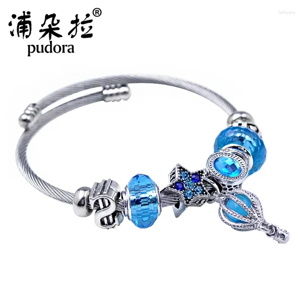 Armreifen Pudora Edelstahl Mode Charmalm Armband für Frauen Luftballon Anhänger See Blue Crystal Perlen Perlen Geschenk