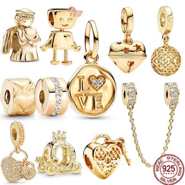 925 Sterling Silber Original Gold Sparling Love Stempel festliche Glocke Dangle Charme Perle Fit Armband Schmuck Geschenk kostenlos Versand