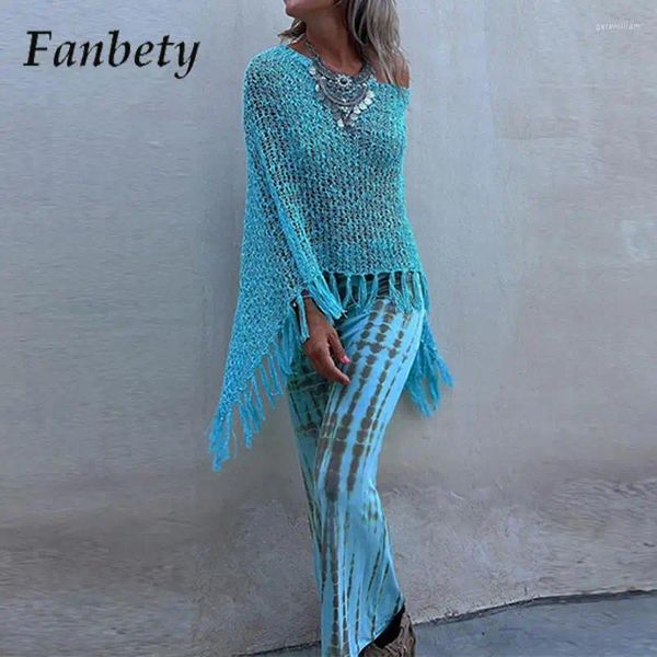 Donne Sexy Show-Out Beach Shirt Summer O-Neck Pullover Top Top Elegant Bohémien Cover a scialle all'uncinetto con nappa