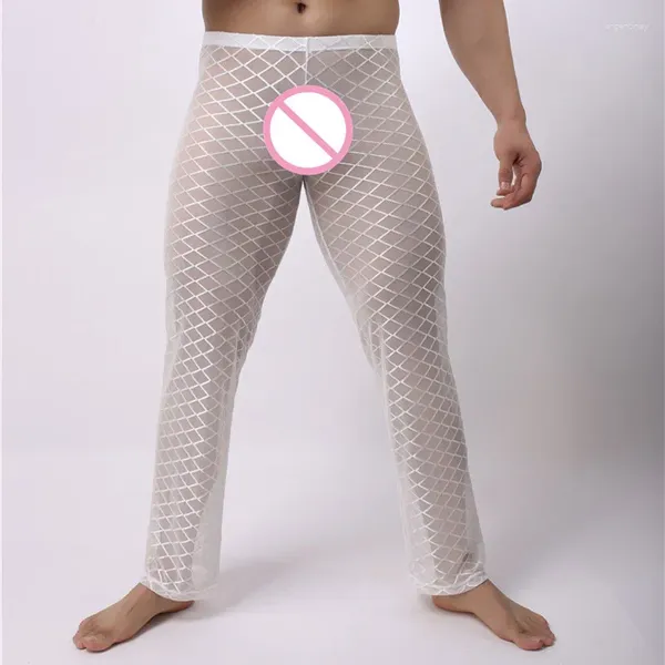 Roupa térmica masculina Long Johns Fashion Men calça Fishnet Sexy See através de Bottoms de Pijama de Pijama, homem gay solto