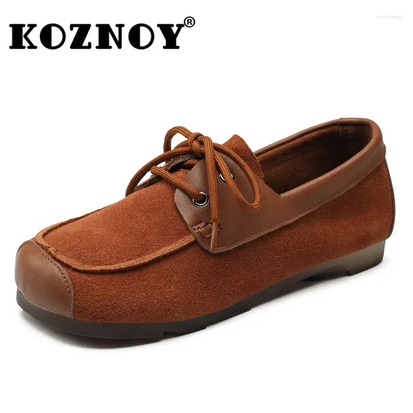 Lässige Schuhe Koznoy 1,5 cm Naturkuh Wildleder echtes Leder Sommer bequeme weiche Solte Spring Loafer Frauen Vintage Flats Ethnisch