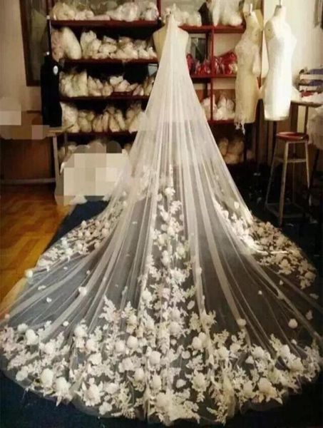 Luxuskathedrale Hochzeitsschleier mit Kamm One -Layer Blumen Appliqus langer Brautschleift