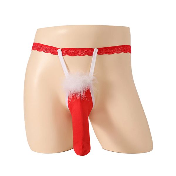 Sexy Herren Weihnachten Fantastische Bikini Bottom Feather Tangs Micro G-String Red Funny T-Back Unterwäsche Hohlhöhe Erotische Dessous erotische Dessous