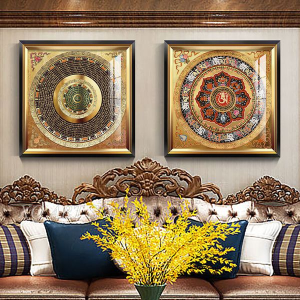 Mandala Temple Tibetano Thangka Pintura Pintura da sala de estar Decorativa Painting Heart Sutra Six Words Mantra sem moldura