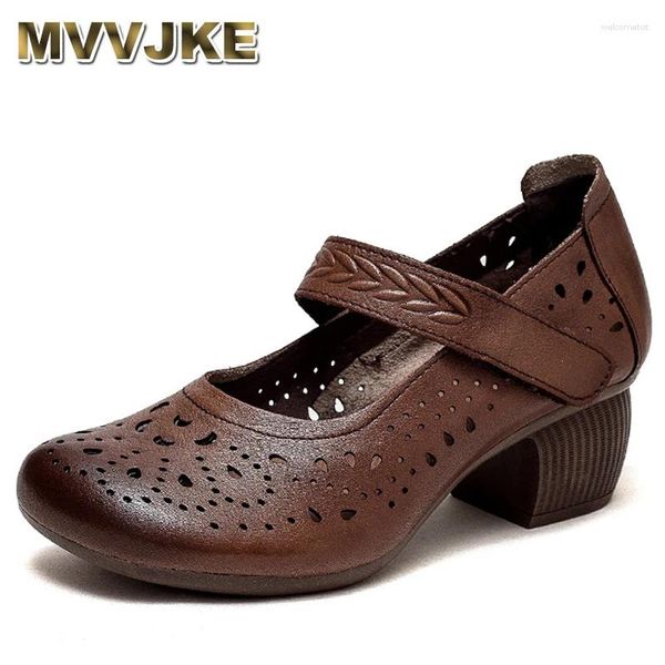 Kleiderschuhe gute Qualität Kuhläsesoten voll echte Leder Frau High Heels 2024 Frühlings Sommer Hollow Sandalen Retro Elegante dicke Absatz