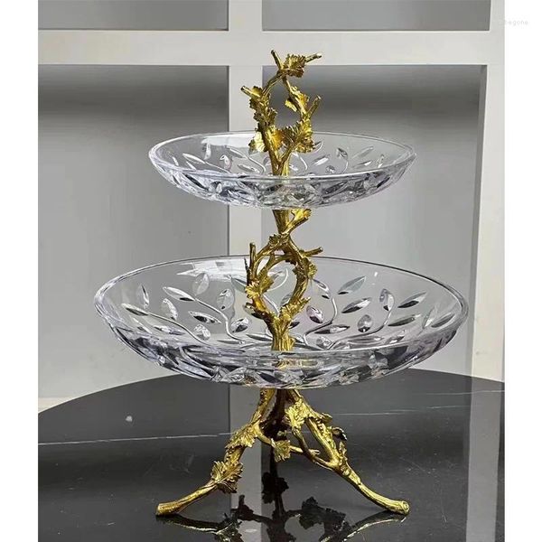 Teller Luxuskristall mit Messing Kupfer Fruchtschale Runde Tischleiter Dekoration Serving Schüssel Blume Muster Dekorative Glas Besteck