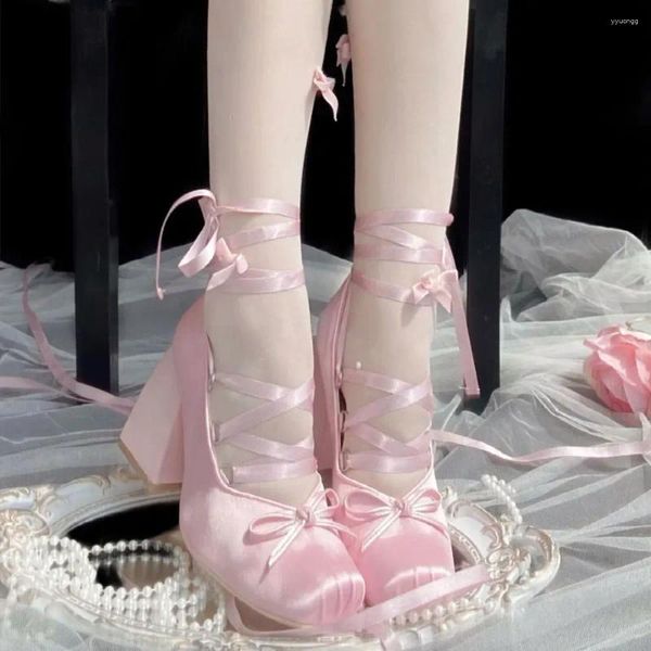 Отсуть обувь 2024 Y2K Block High Heels Summer Vintage Black Satin Pink Lolita Mary Janes Женщины Сладкие перекрестные балетные насосы обувь