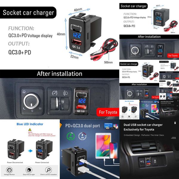 NOVO 2024 Carregador de carro eletrônico 2024 Dual USB C PD PD Phone Charge rápido QC3.0 Adaptador automático Telefone 12V Carregador de soquete de cigarro de carro 12V para Toyota