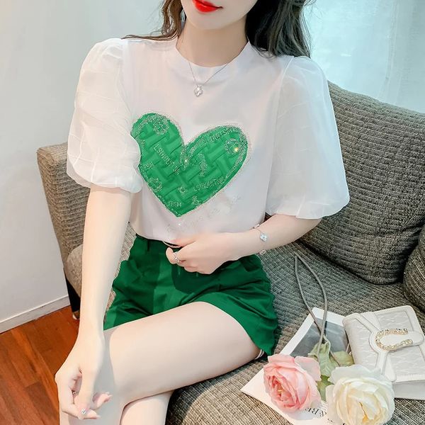 Fashion Women Cotton Top Top Tees Letters Summer Diamond Letters Pink Loves Stamping S-2xl Pullover Sust Short Short Short Shirt 240403