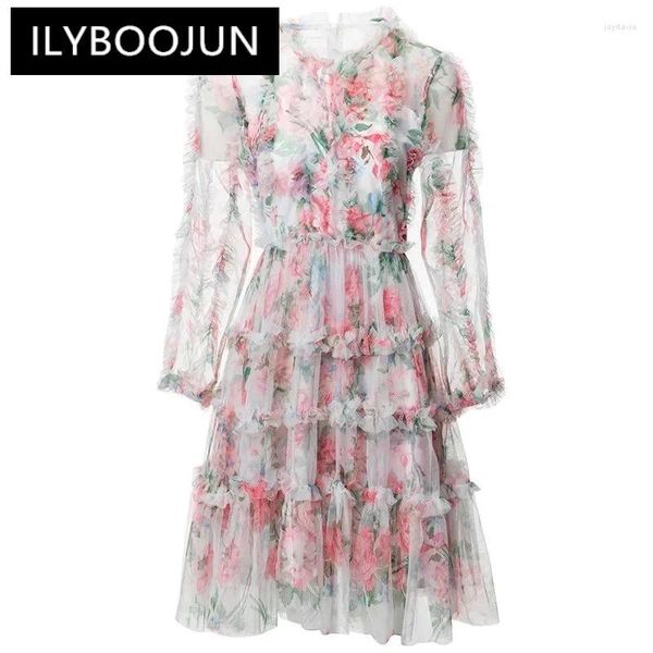 Lässige Kleider Ilyboojun Mode Frauen Vintage Mesh Stand-up-Kragen langärmelte gestufte Kante hohl aus kurzem Kleid Mini-Kleid