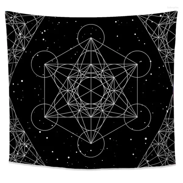 Taquestres Cubo de Metatron Sagrado Geometria Mandala Tapeçaria Simples parede de boho preto e branco pendurado para dormitório do quarto (58x51 polegadas)