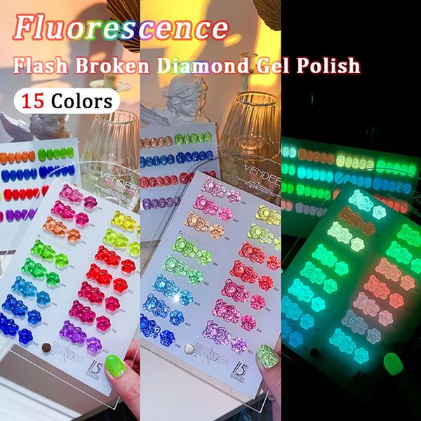 Vendeeni 15 Colorsset Fluorescência Flash Broken Diamond Gel Achance Glitter Glitter UV Mergulhe em gel Lacilha de gel brilhante 15ml 240410