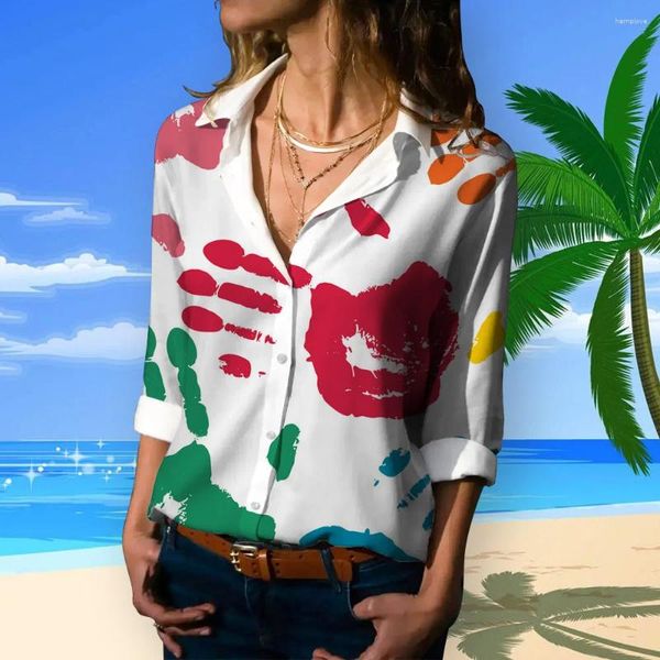 Blusas femininas de manga comprida camisa de lapela botão na primavera no verão bohemia impressa na moda streetwear solto camisas casuais