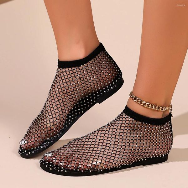 Casual Schuhe Sommer 2024 Frauen runde Zehen flache Sandalen hohles Mesh Luxus Diamant Kurzstiefel sexy Plus -Size -Designer Black Flats