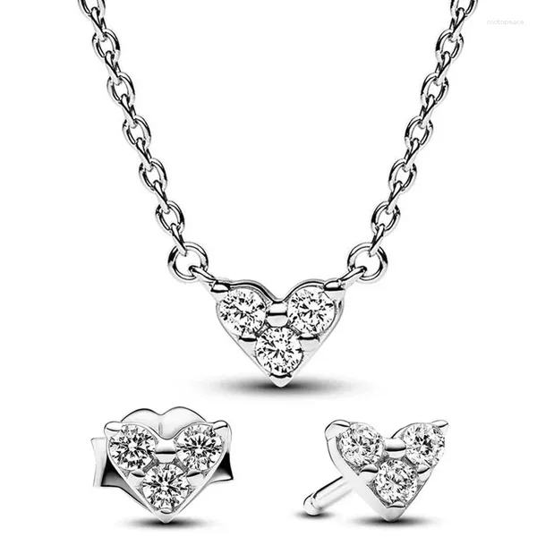 Clusterringe Original 925 Sterling Silber Triple Stone Heart Collier Halskette Ohrring mit Kristall für Frauen Europa DIY Geschenkschmuck Set