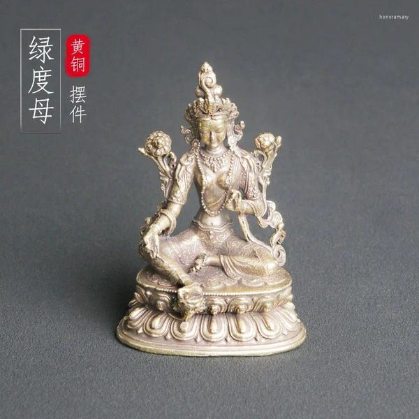 Brincos de colar definir a estátua verde de Brass Tara Buddha na mesa de adoração religiosa tibetana