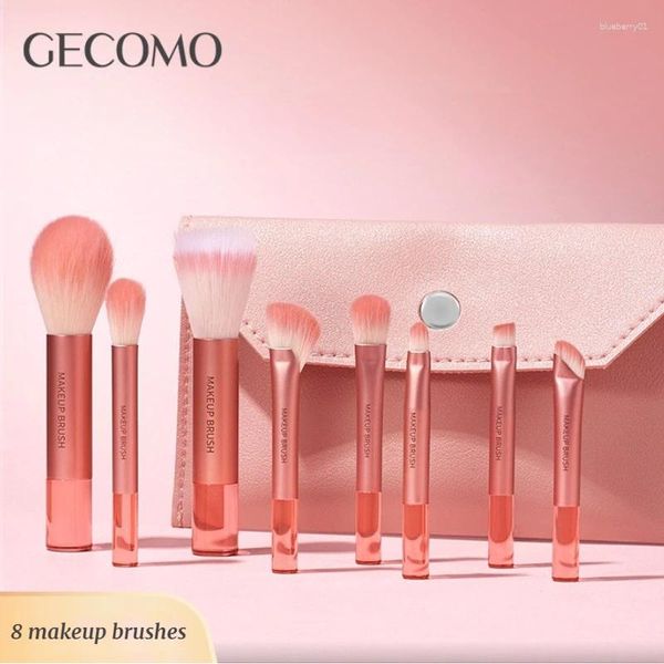 Make -up -Bürsten Gecomo Peach Pink Portable Pinselanzug 8pcs Deckt kostenlose kosmetische PU -Leder -Aufbewahrungstasche ab