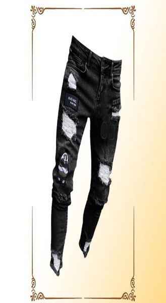 3 Stile Männer dehnbar zerrissene dünne Biker -Stickereien Jeans Zerstörte Loch Geklagter Slim Fit Denim kratzten hochwertige Jean 24163942