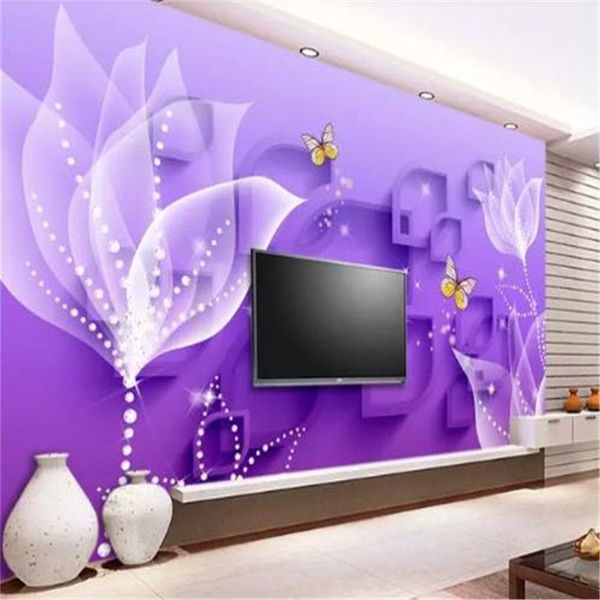 Sfondi 3d personalizzati nocciolo viola fiori trasparenti fiori moda soggiorno sfondo da letto sfondo decorazioni per la casa decorazioni murali wallpapers258r