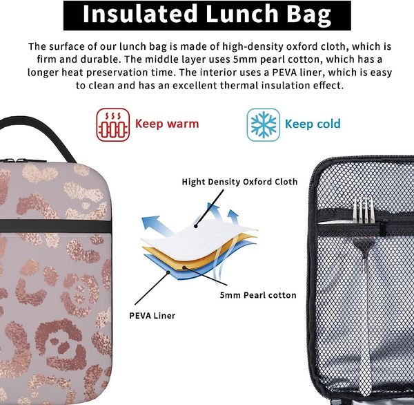 Box per pranzo leopardo in oro rosa riutilizzabile borsa da pranzo isolata con la borsa termica più fredda per ragazzi femminile femminile