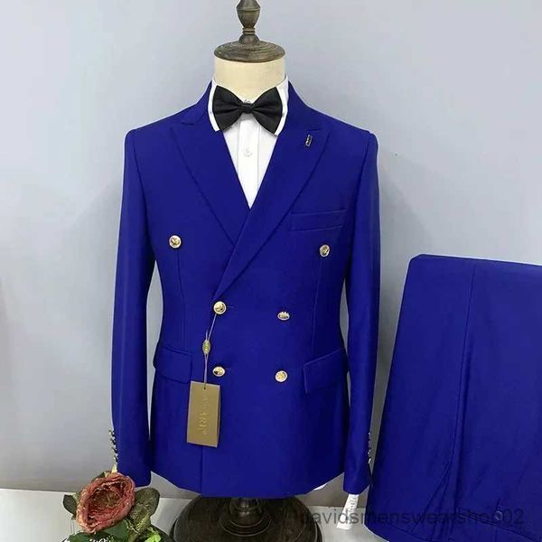 Erkekler Suits Blazers Yeni Erkekler Sıradan Çifte Çifte Kesilmiş Düz Renk İş İnce 2 PCS Takım Pantolon Set Metal Toka Ceket Blazers Ceket Pantolon