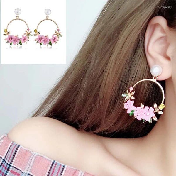 Dangle Ohrringe Frauen Charme Blume Tropfen Schmuck Ohrstifte Hochzeit Geschenk Crystal Pink Heart Long Ohrring