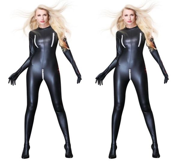Frauen sexy Patentleder -Overall Bondage Zentai CatSuit Wetlook PU Latex Leotard Reißverschluss Offener Schritt Bodysuit erotische Clubwear8541750