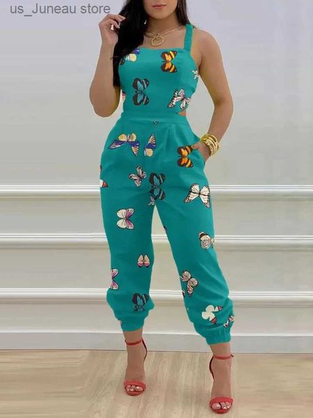 Vestidos casuais básicos elegantes macacões mulheres verão 2023 moda borboleta impressão cruzado de renda para cima Detalhes de backless backsuit racachas de tamanho plus size t240412