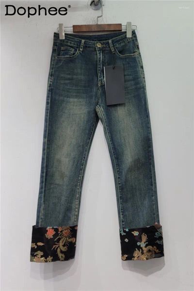 Jeans femininos 2024 Autumn vintage bordado colorido emendas finas mulheres retas de algodão solto calça de cigarro longas calças longas