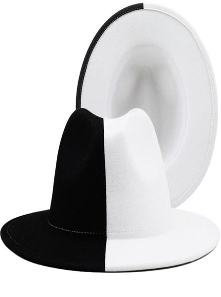 Black White Patchwork Wool Felt Jazz Fedora Mulheres unissex ampla Brim Panamá Partido Trilby Cowboy Cap Men Hat de casamento 2207183338945