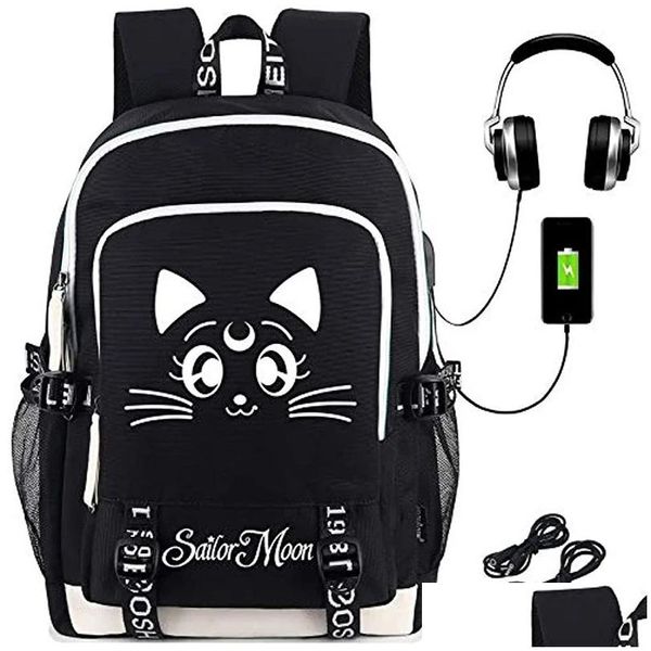 Casos de laptop Backpack Sailor Moon com USB Charging Port Cosplay Bookbag para meninos Bolsa de presente para meninos Escola Mochila Drop Delivery Comp DHW1D