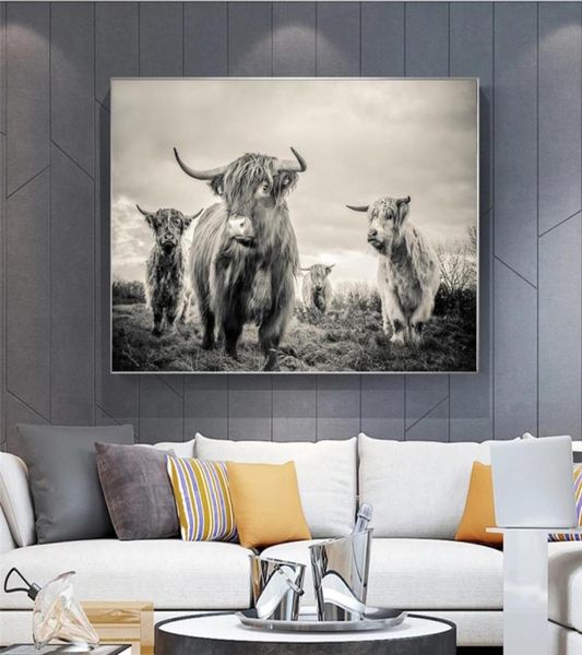 Highland Cow Poster Canvas Art Tierplakate und Drucke Rindermalerei Wandkunst Nordische Dekoration Wandbild für Wohnzimmer 7676416