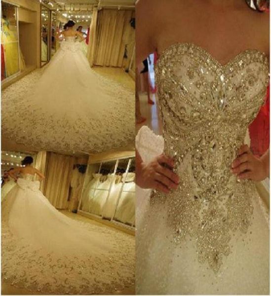 Lüks Bling Gelinlik Katedral Kraliyet Tren Parlak Kristal Rhinestones Stones Seonins Boncuk Gelin Balo Gown Vestidos De N7538801