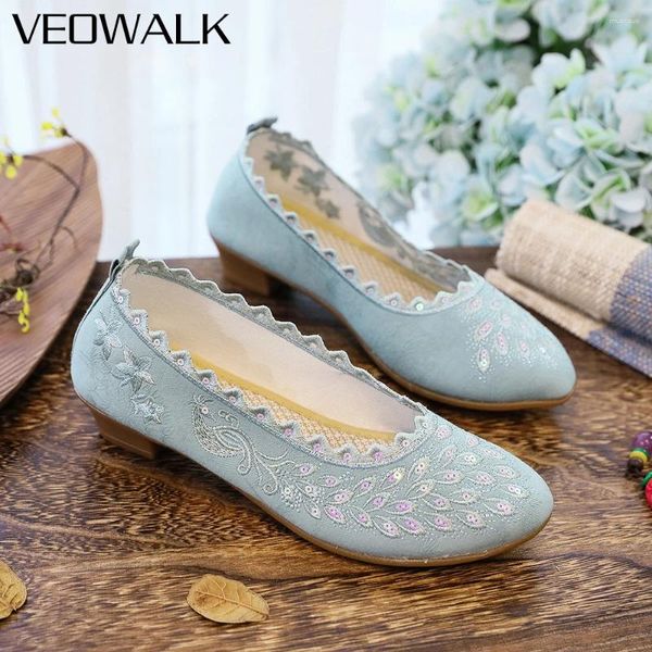 Sapatos casuais veowalk pavão lantejoulas bordadas mulheres recortadas jacquard algodão liso macio confortável damas pontudas