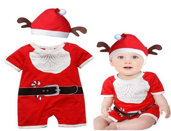 Presente de Natal Baby Romper Papai Noel Pattern Bodysuit Roupa recém -nascida Roupas de macacão vermelho Chapéu de macacão 2pcs