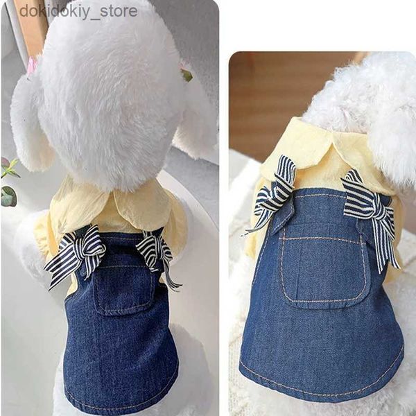 Hundebekleidung Do Clothin Sommer dünne Katzenprinzessin Rock gelber Peter Pan Kragen Buggurt Jeans Kleid für kleine Medien do l4393 l49