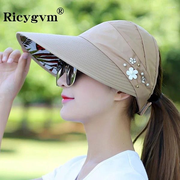 Cappelli da palla Cappelli estivi per donne cappello da sole pieghevole Visor fiore di perle visor a floppy berretto femminile femminile da baseball alla spiaggia a tesa larga all'aperto