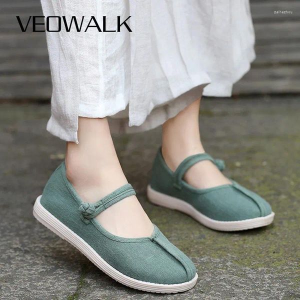 Sapatos casuais veowalk feitos artesanais de linho algodão plana plana vegan ladies confort cenva macia mary janes retro chinês hanfu