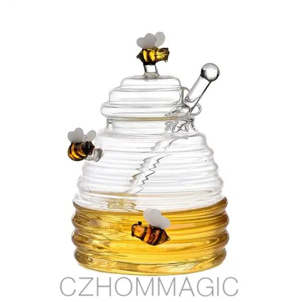 Glas Honigglas mit Dipper und Deckel Waben Tank Bienenform Form Jar Home Küche Werkzeuge Lebensmittelpotentopfbehälter Honigflasche